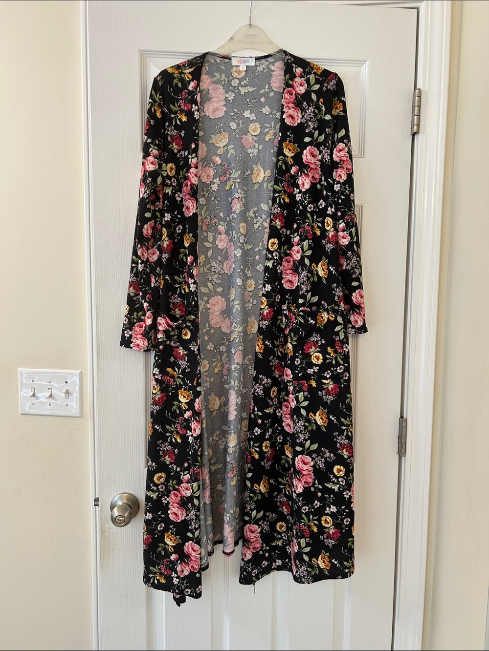 LuLaRoe Black Floral Duster Cardigan with Pink and Yellow Roses